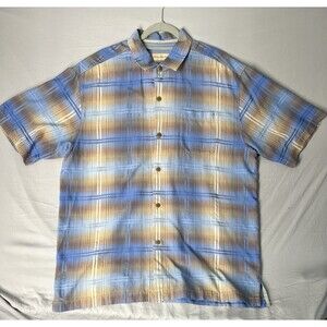 Tommy Bahama 100% Silk Blue & Brown Plaid Check Camp Shirt Men's Size Large